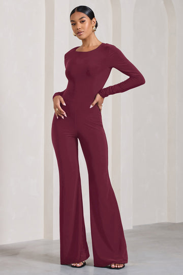 Lana Burgundy Long-Sleeved Flared-Leg Jumpsuit